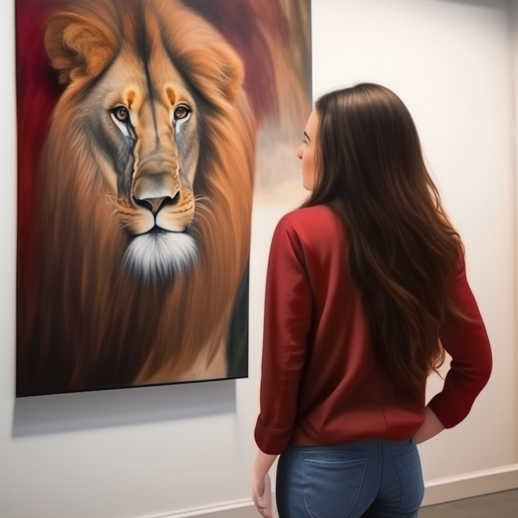 A woman with long brown hair wearing a red shirt and jeans looks at a realistic painting of a lion on a white wall