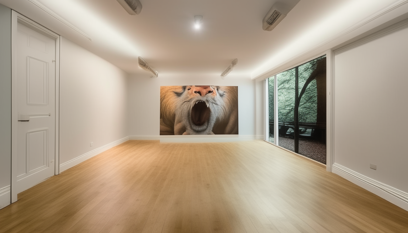 A large empty room with hardwood floors and a photo edit covering the wall of a woman screaming at a lion.