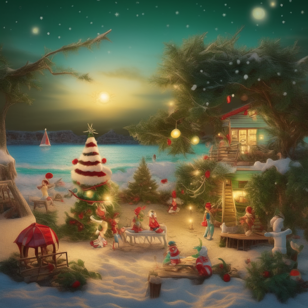 a lifelike joyful summer Christmas scene, 