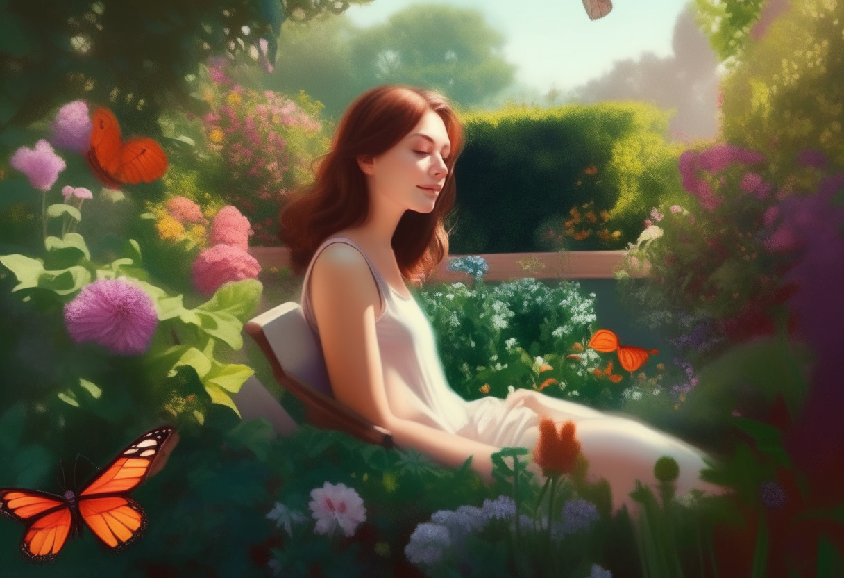 a young woman relaxing in a lush garden on a sunny afternoon, surrounded by colorful flowers, butterflies, and greenery, photorealistic portrait