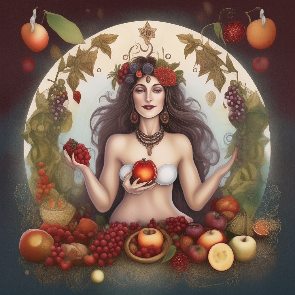 a beautiful goddess radiating youth, vitality and good health, surrounded by symbols of longevity like grapes and pomegranates