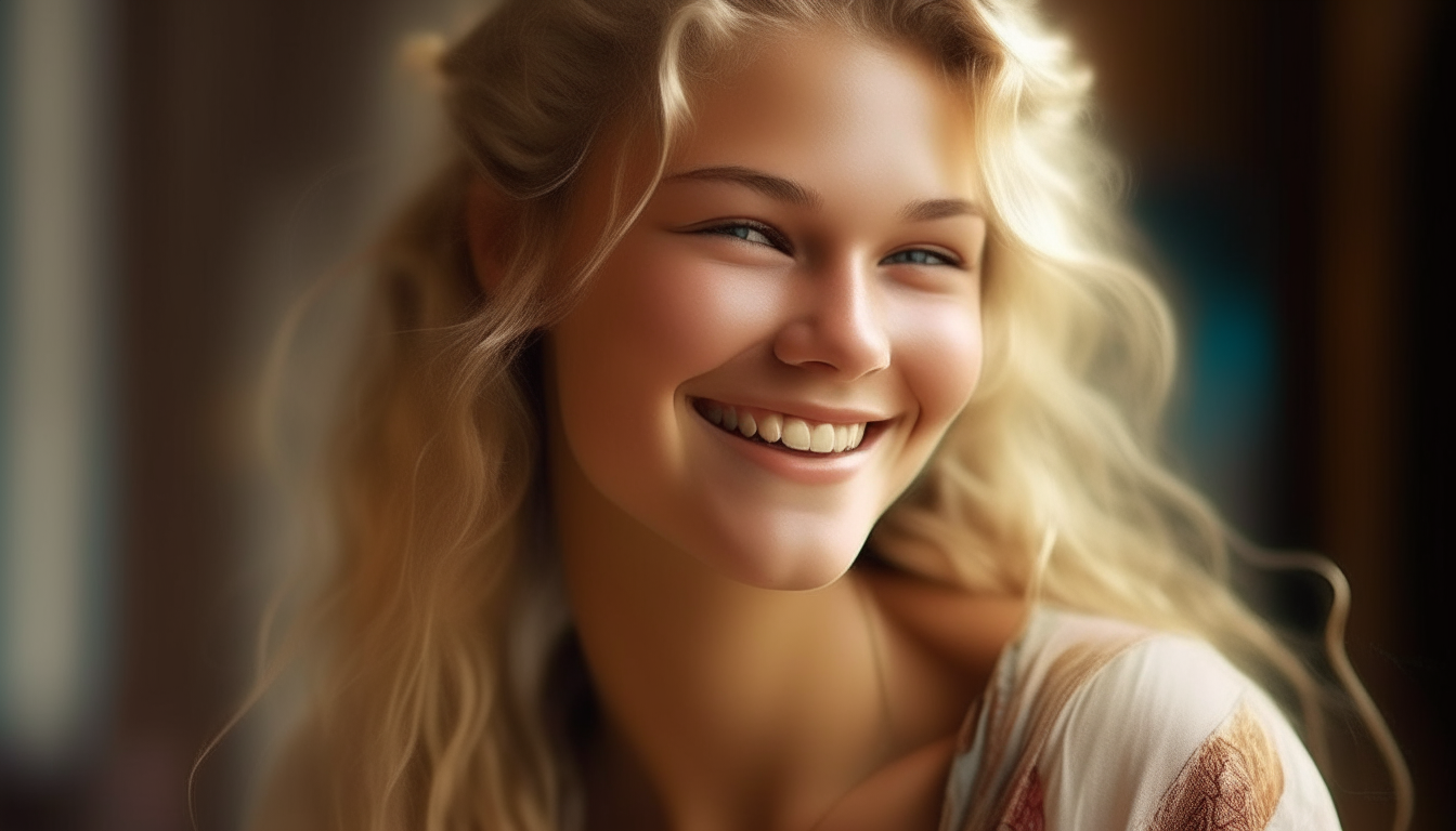 a beautiful goddess radiating youth and vitality, with long blond hair pulled back and a warm, joyful smile