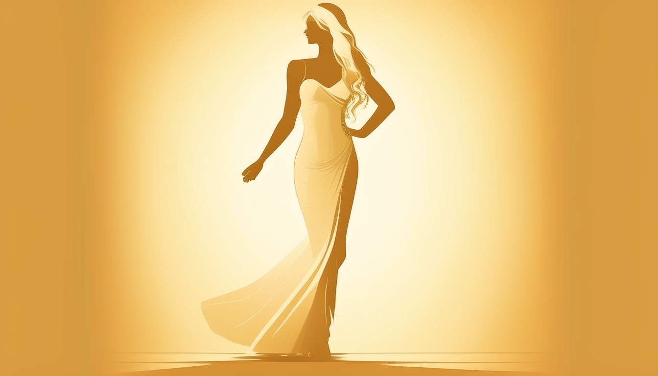 a full-length silhouette of a beautiful goddess radiating youth and vitality, with long blond hair pulled back and a warm, joyful smile, set against a minimalist backdrop