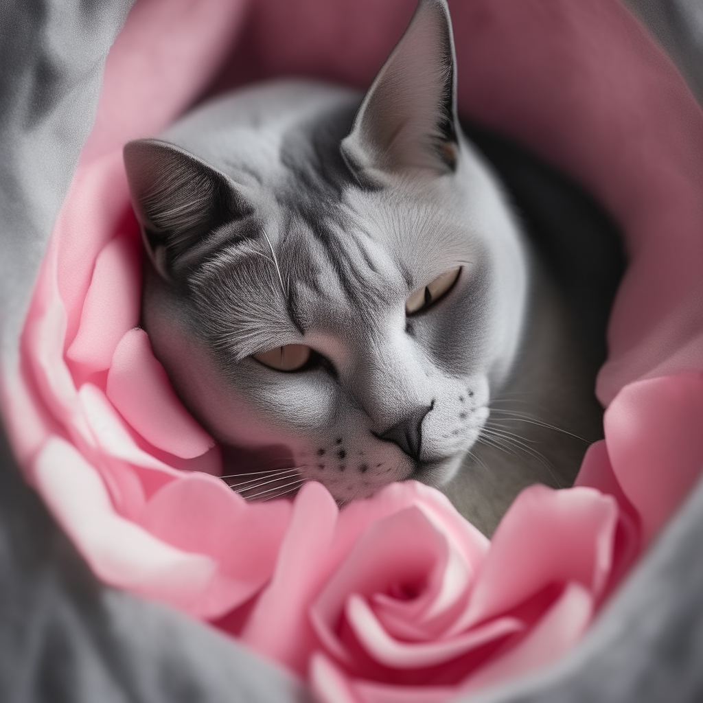 A gray cat napping inside the center of a pink rose