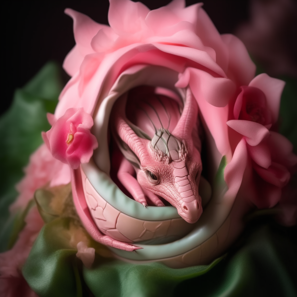A miniature dragon curled up asleep inside a blooming pink rose