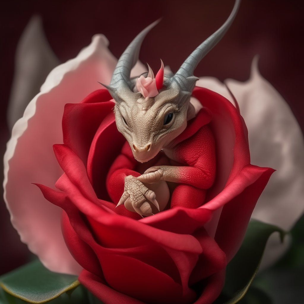 A baby dragon napping in the center of an open red rose, its wings and tail draped over the petals