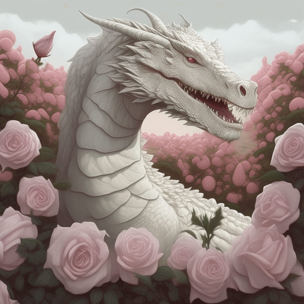 A majestic dragon with scales of pale pink, surrounded by a field of white roses