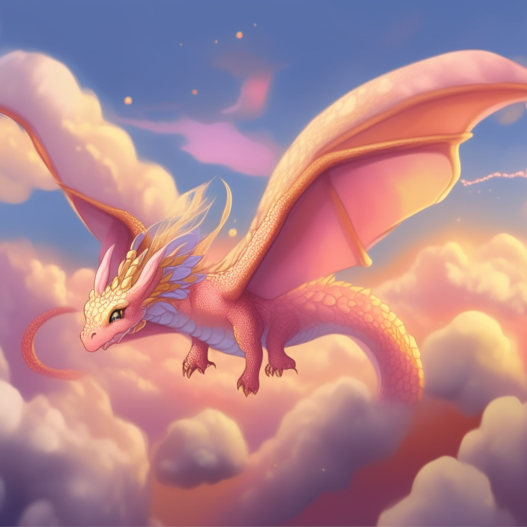 A tiny dragon with shimmering pearl-like scales, soaring through clouds in a sky of pink and orange