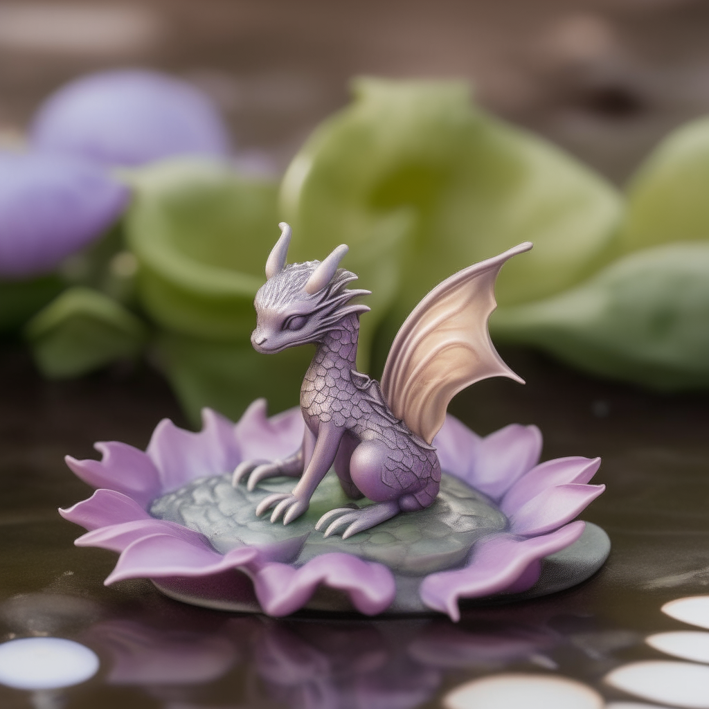 A miniature dragon perched on a lily pad, its delicate wings tinted with shades of lilac and rose
