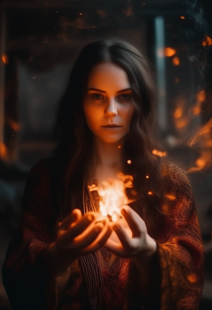 a beautiful girl with dark brown hair plays with the reflections of fire, magical ancient Slavic symbols appear from the sparks of fire, a girl dances a psychedelic picture of a magician