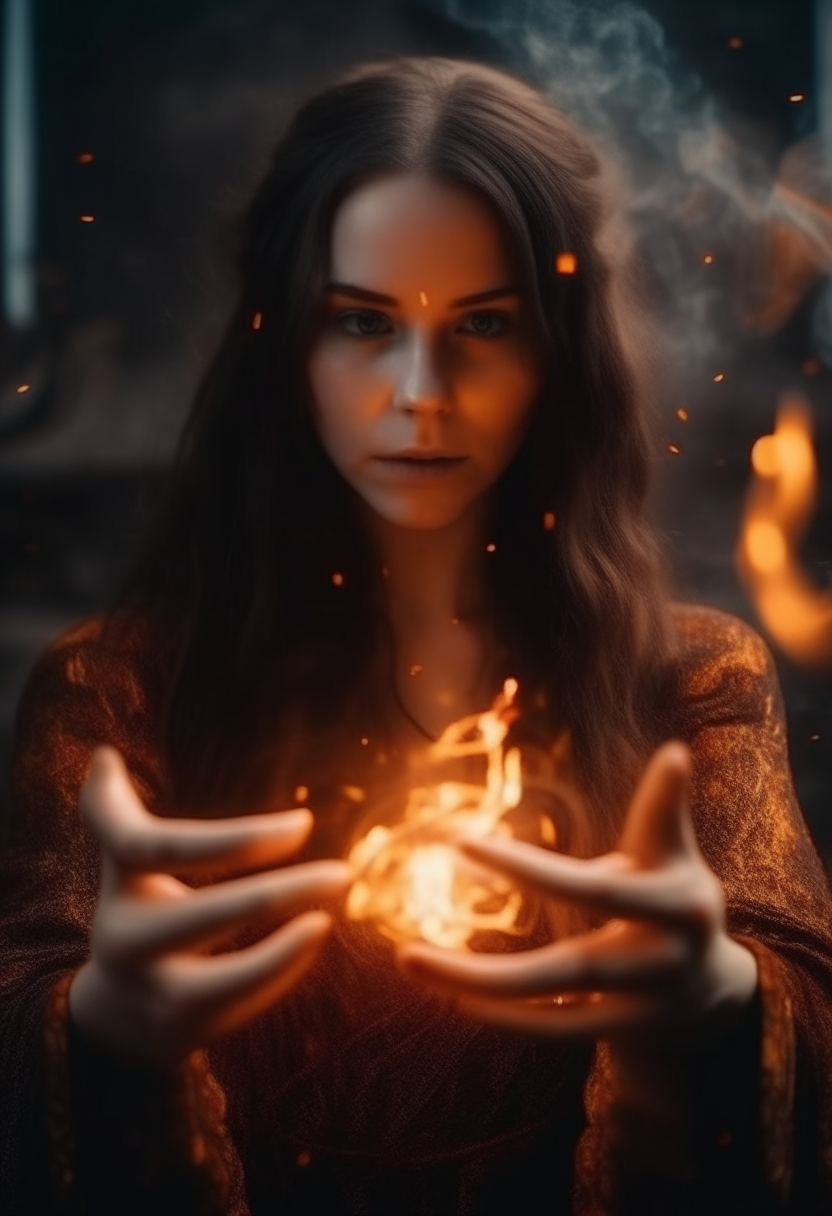 a beautiful girl with dark brown hair plays with the reflections of fire, magical ancient Slavic symbols appear from the sparks of fire, a girl dances a psychedelic picture of a magician