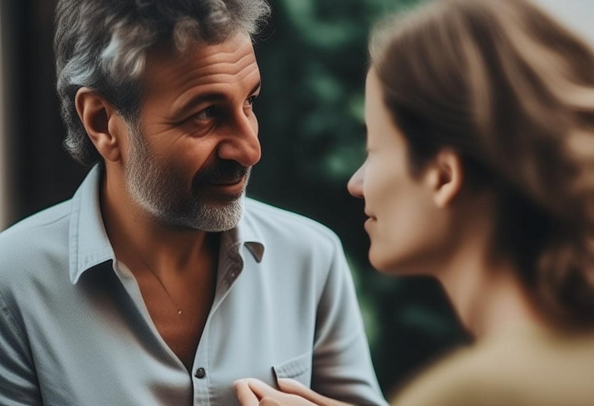 A man talking with his wife 