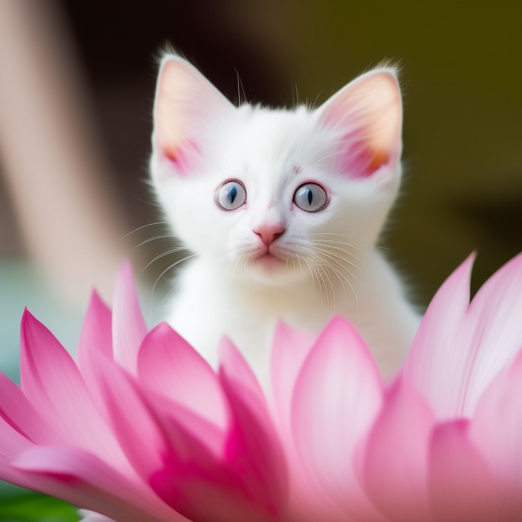A white kitten sitting peacefully inside a pink lotus flower