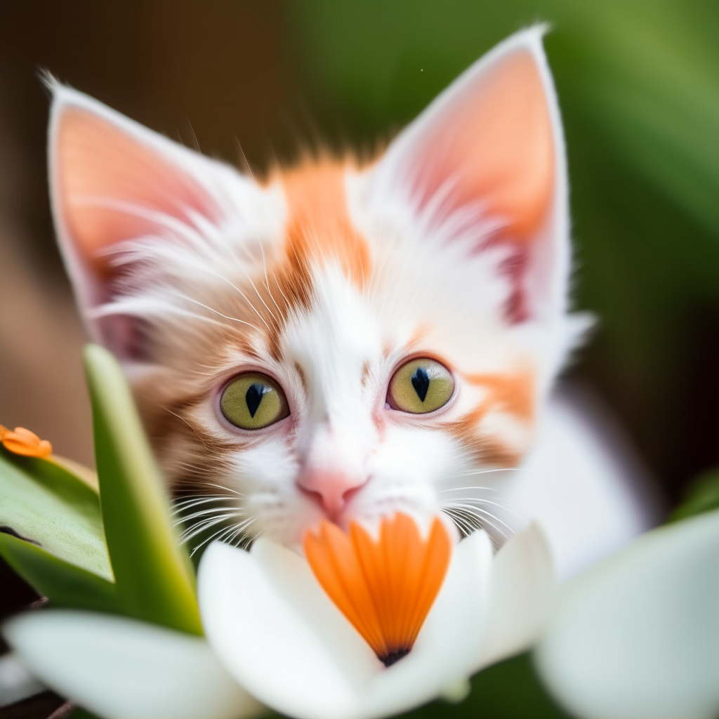 An orange tabby kitten poking its head out of a large white lotus flower