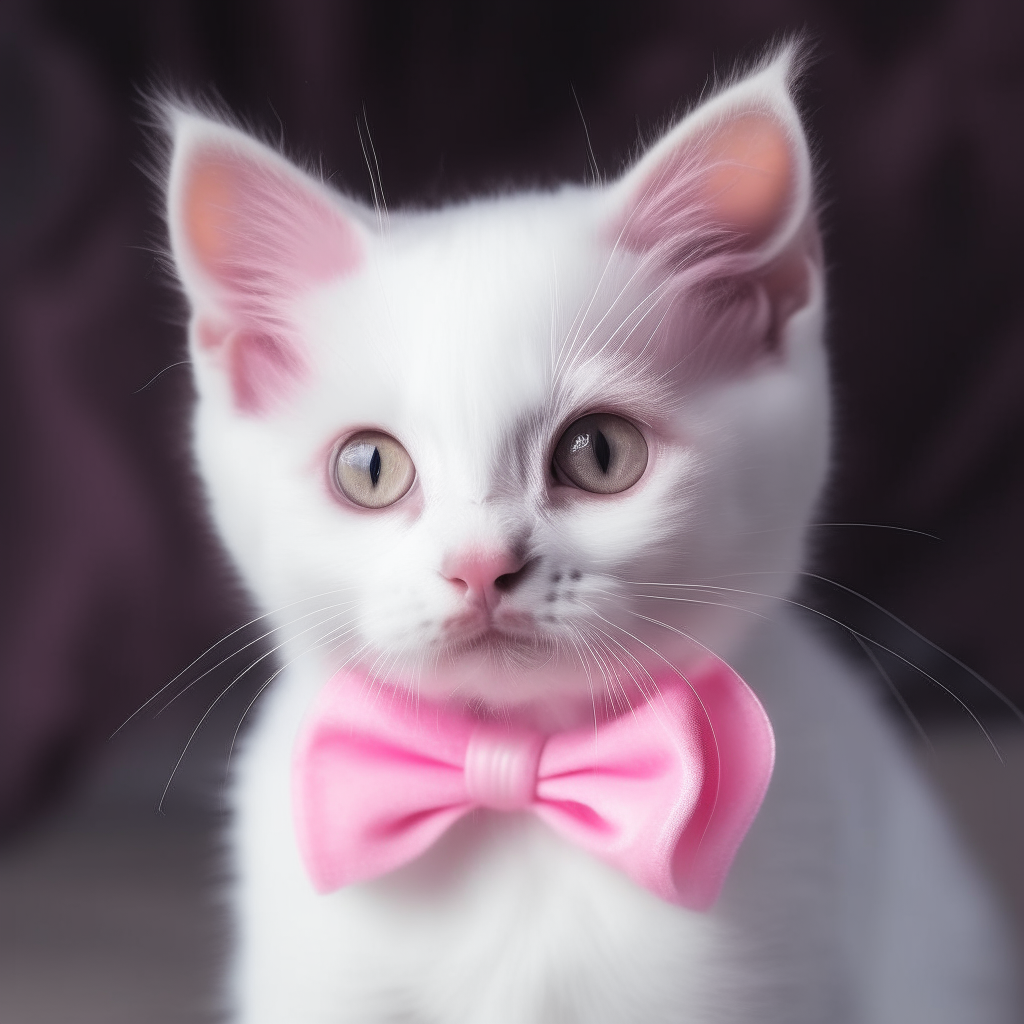 A white kitten wearing a pink bow