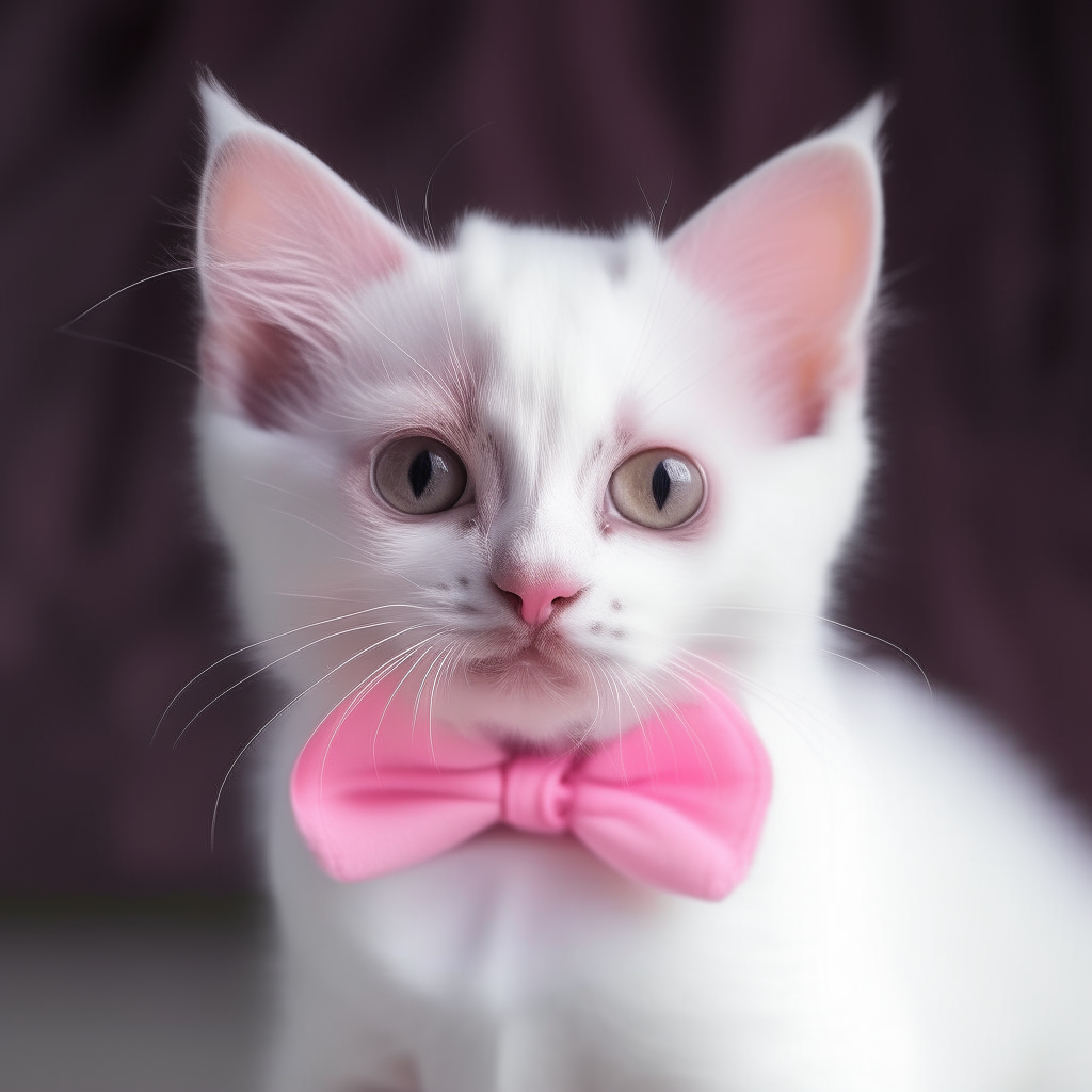 A white kitten wearing a pink bow