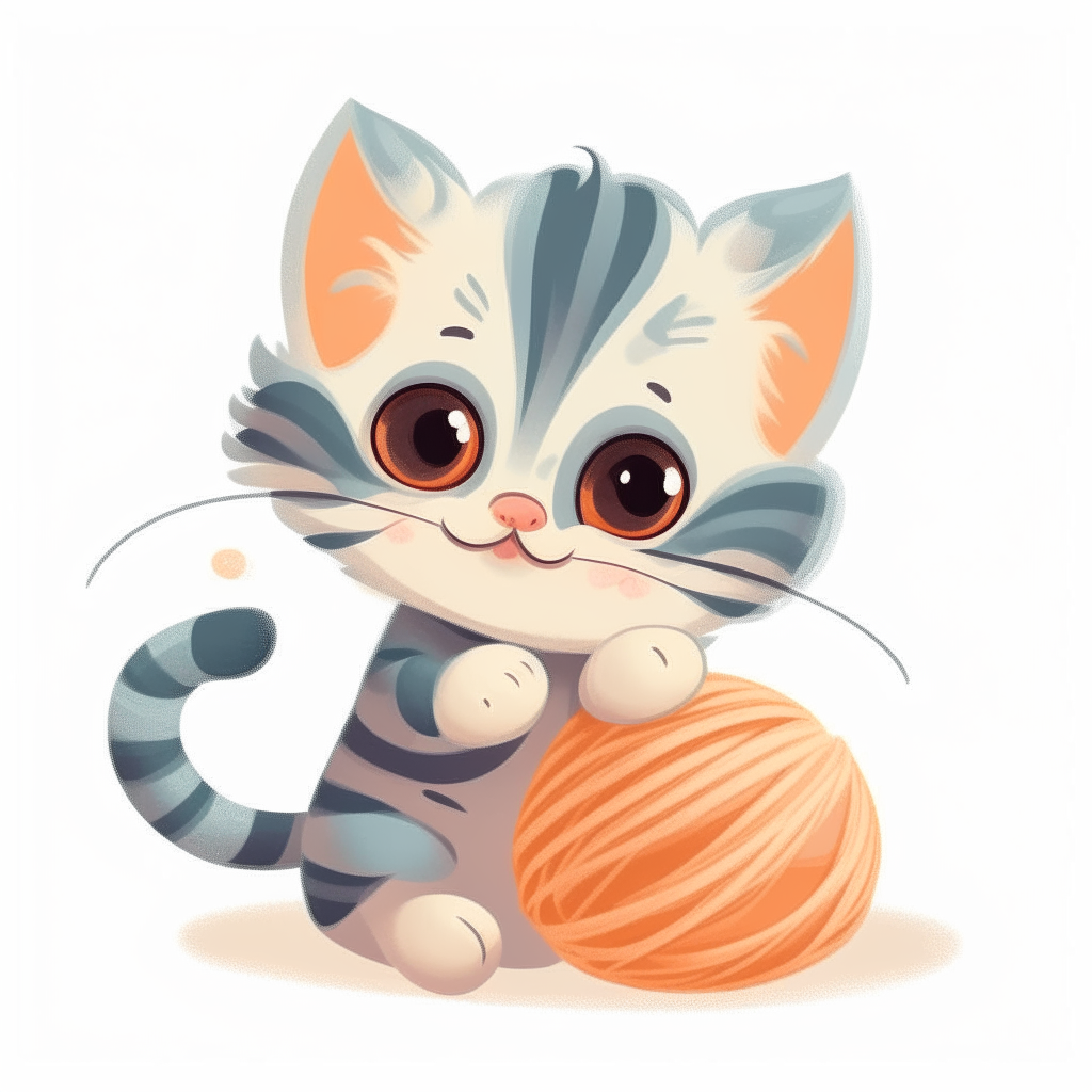 A cartoon kitten playing with a ball of yarn