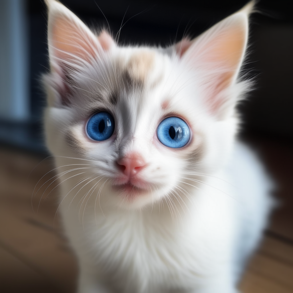 A fluffy white kitten with blue eyes looking curiously at the camera