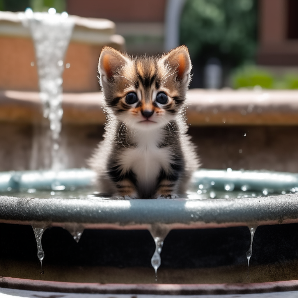 A kitten sitting inside a fountain