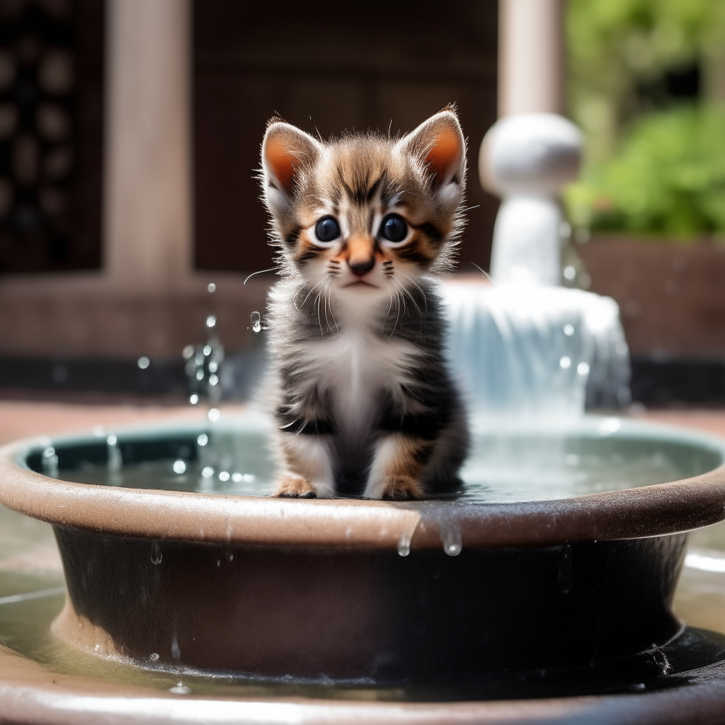 A kitten sitting inside a fountain