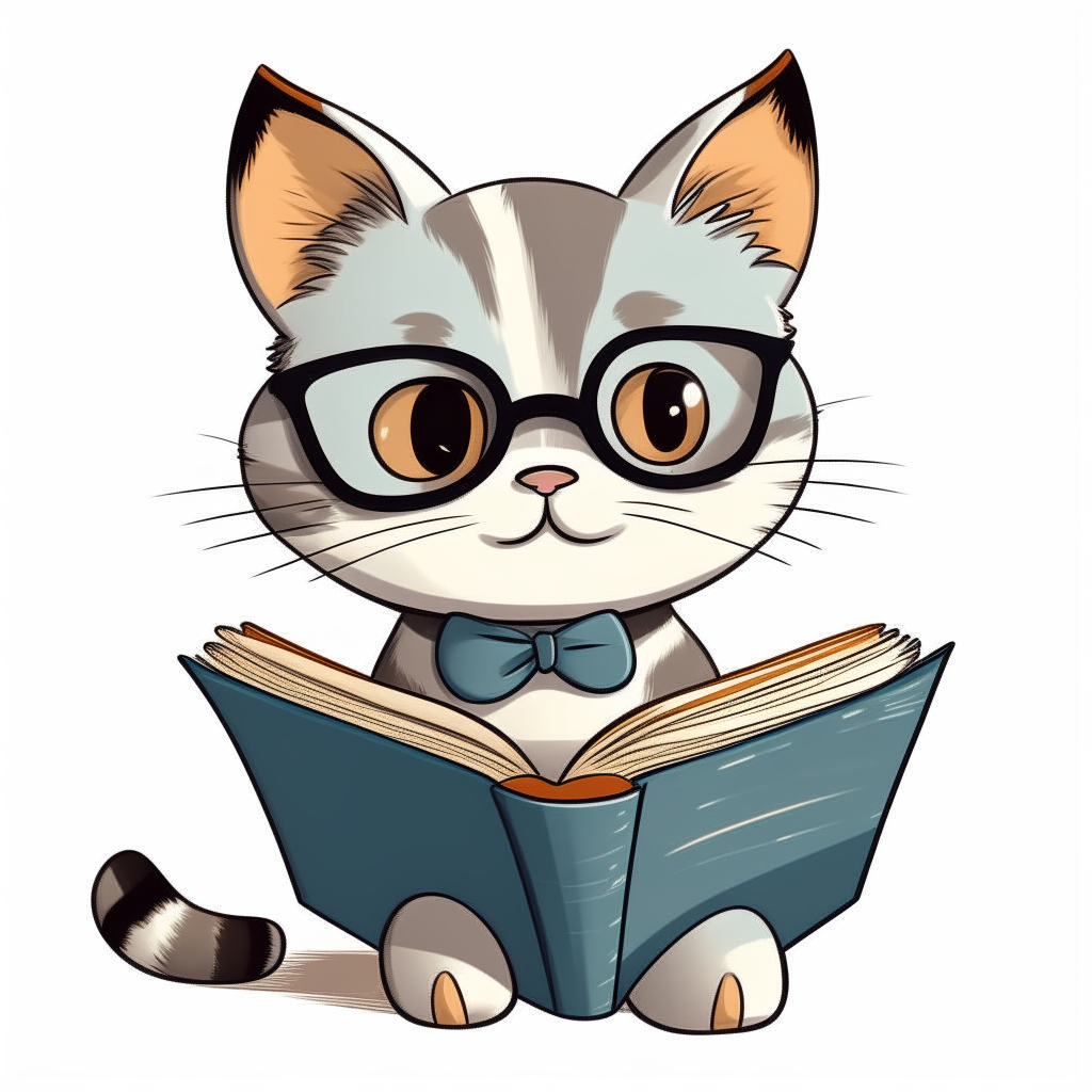 A cartoon kitten wearing glasses and holding a book