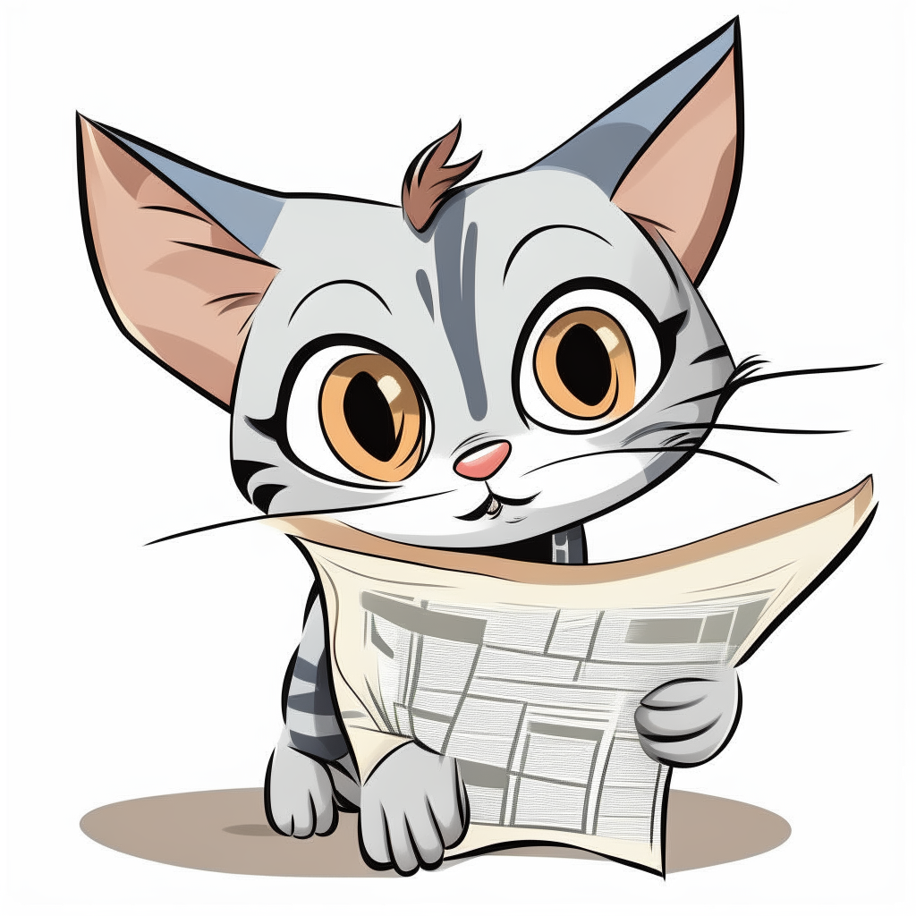 A cartoon kitten peering at a newspaper with a curious expression