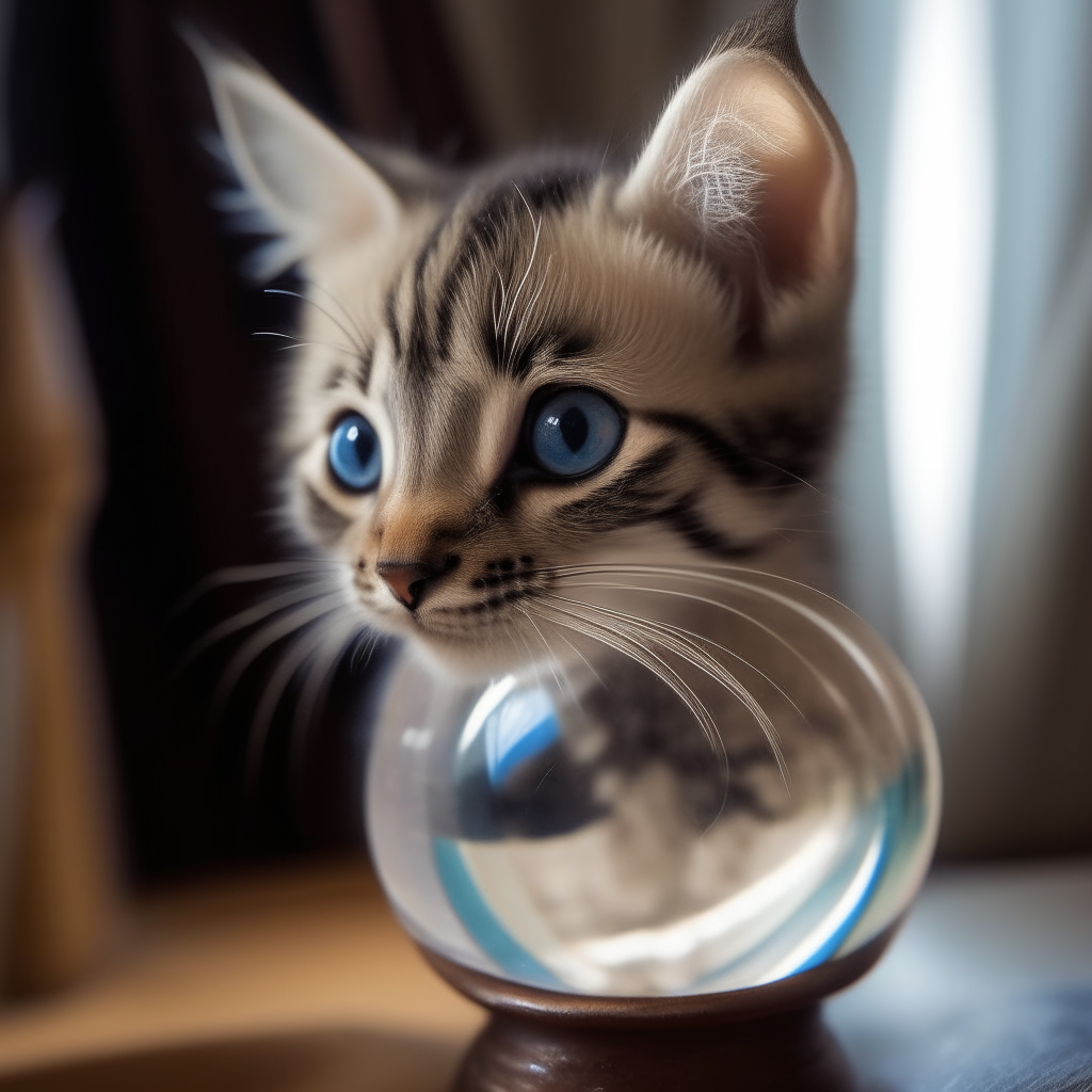 A curious kitten peering into a crystal ball