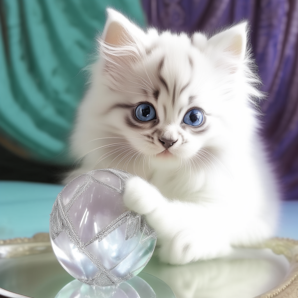A fluffy white kitten with a paw on a crystal ball, as if telling a fortune