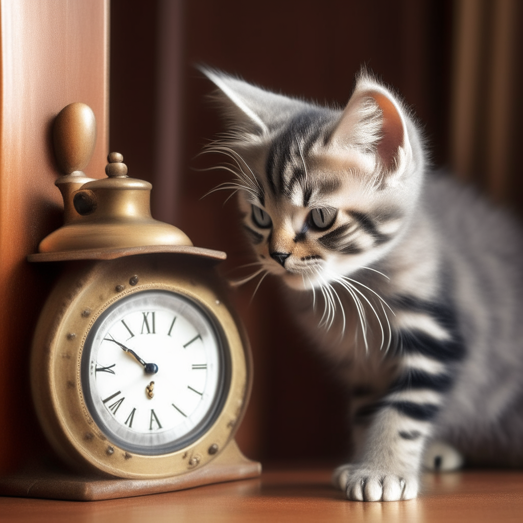 A curious kitten peering at an old-fashioned clock