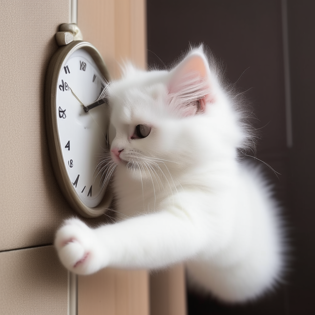 A fluffy white kitten pawing at a wall clock, as if trying to catch the hands
