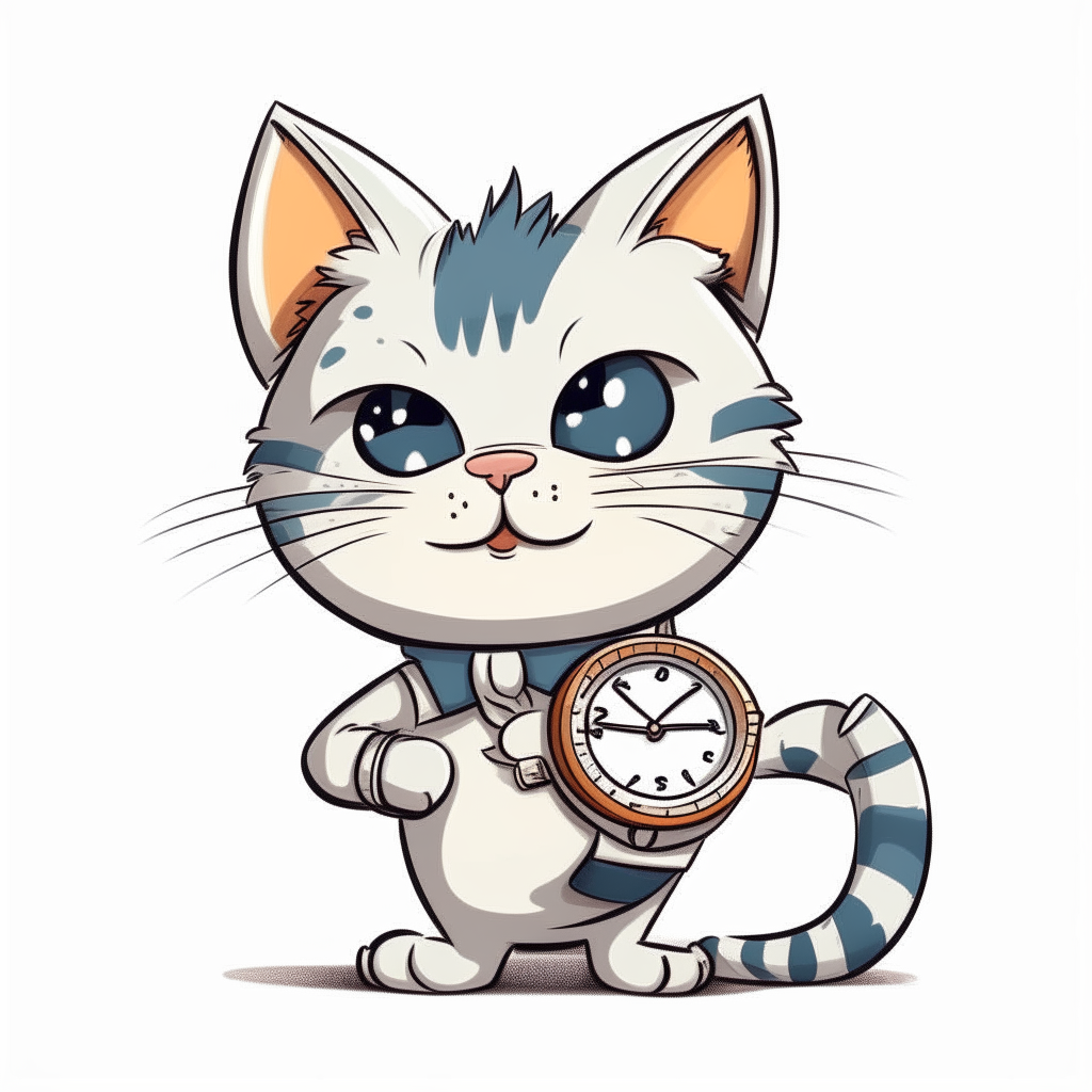 A cartoon kitten wearing a wristwatch and looking at the time
