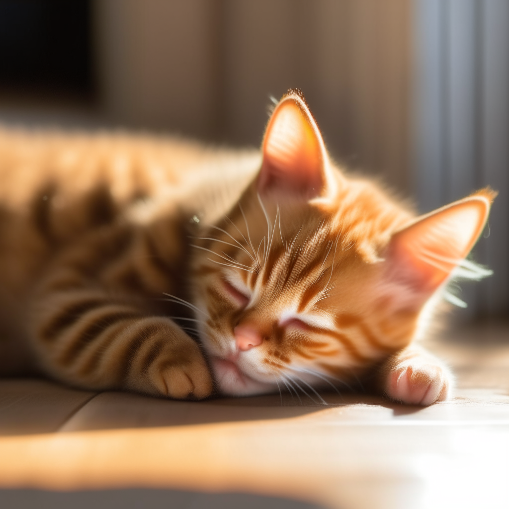 an orange tabby kitten napping in a sunbeam
