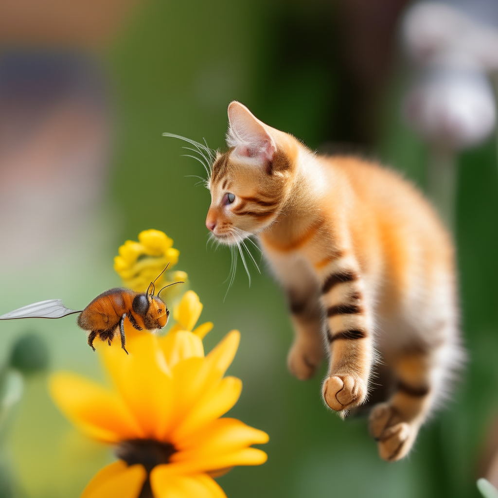 an orange tabby kitten batting at a honey bee that is sitting on a flower