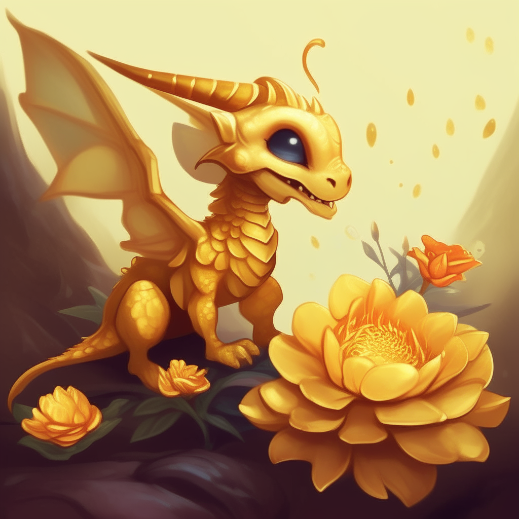 A cute little golden dragon sits next to a flower, while a shiny gold bee lands nearby