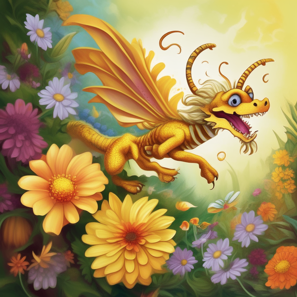A playful golden dragon chases after a bee among colorful flowers