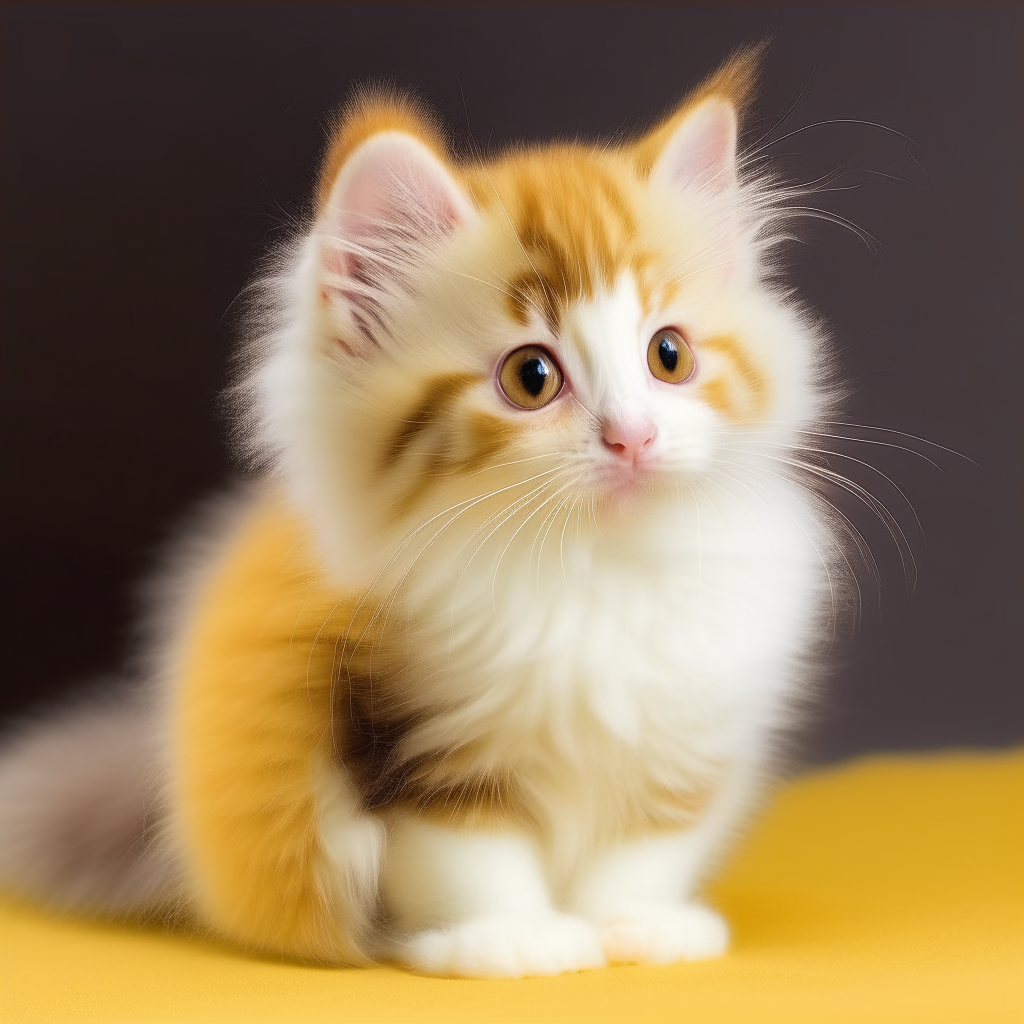 A cute kitten with soft orange and white fur, sitting and looking over its shoulder with a golden colored bee on its back
