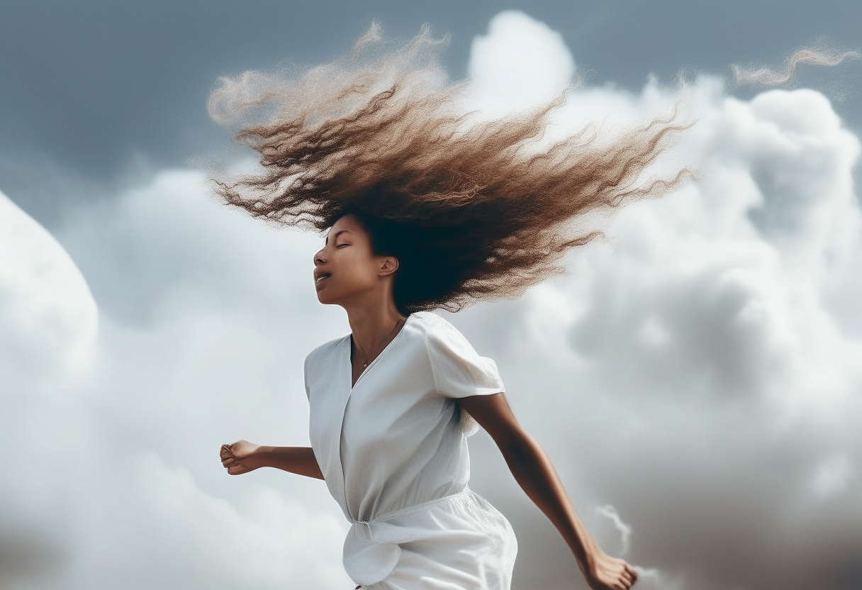 a woman running joyfully across fluffy white clouds, her hair flowing behind her in the wind