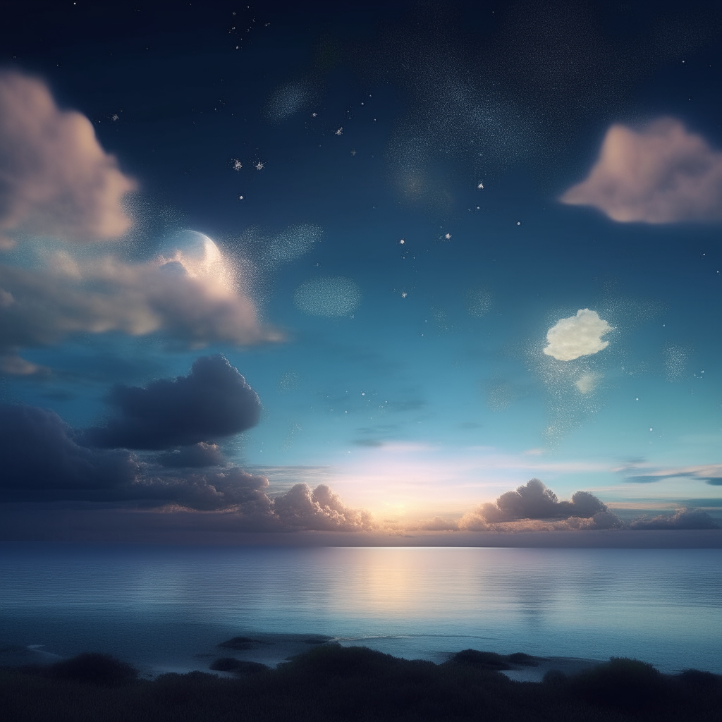 A dreamy scene of clouds drifting across a night sky, with celestial bodies glowing softly above a tranquil seaside view