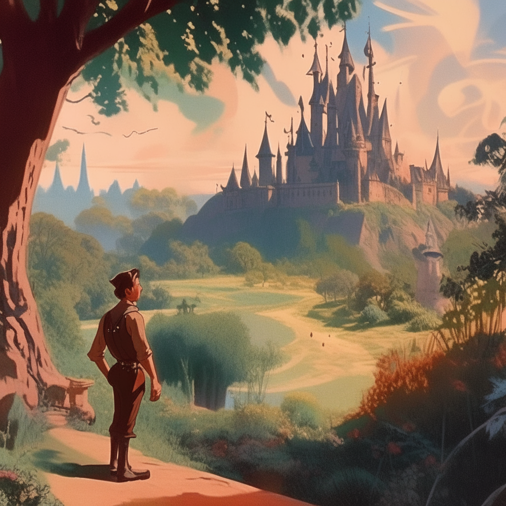 um reino cheio de alegria e cores, na epoca do rei salomao, mostrando a paisagem com o castelo magestoto ao fundo com um belo dia ensolarado estilo disney