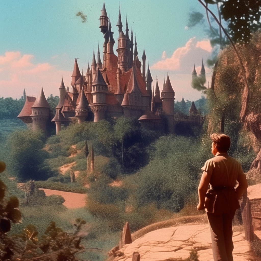 um reino cheio de alegria e cores, na epoca do rei salomao, mostrando a paisagem com o castelo magestoto ao fundo com um belo dia ensolarado estilo disney