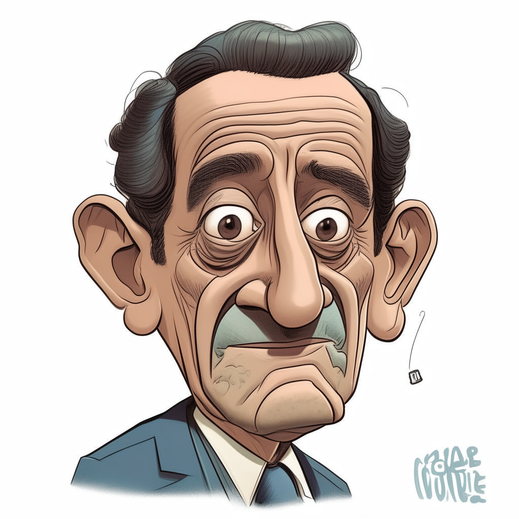 A caricature portrait of Javier Milei, an Argentine politician and economist, drawn in an exaggerated cartoon style.