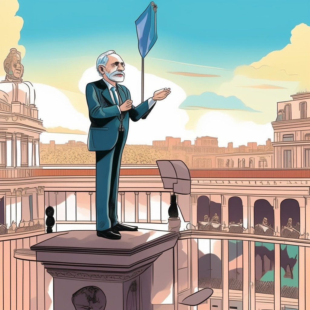 A cartoon illustration of Javier Milei giving a speech from the balcony of the Casa Rosada as the new President of Argentina.