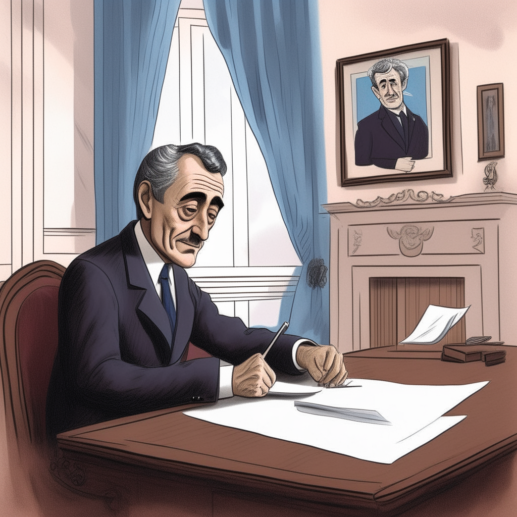 Another cartoon of Javier Milei in the Oval Office of the Casa Rosada, signing his first presidential decree as the new leader of Argentina.