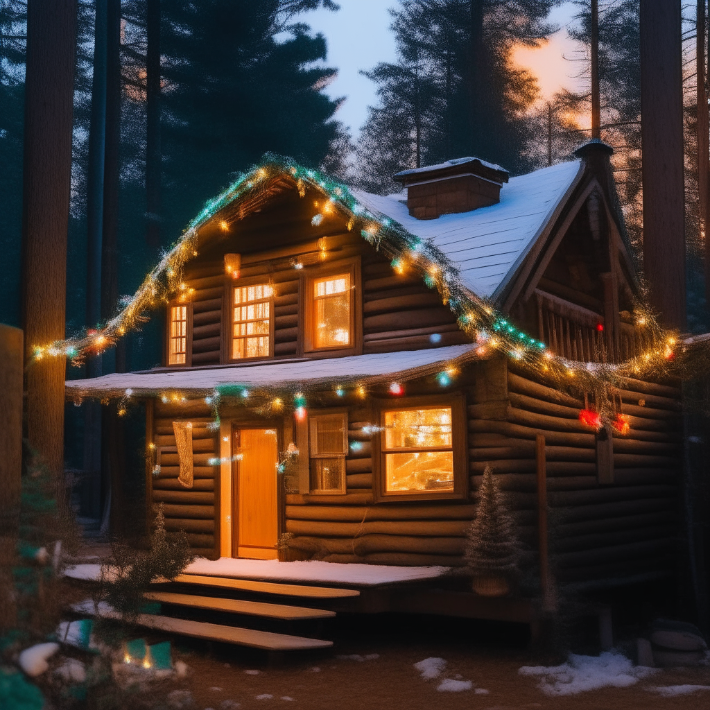 A cozy wooden cabin nestled in a forest of tall pine trees, decorated with strings of multicolored Christmas lights along the roof and windowsills for the holidays.