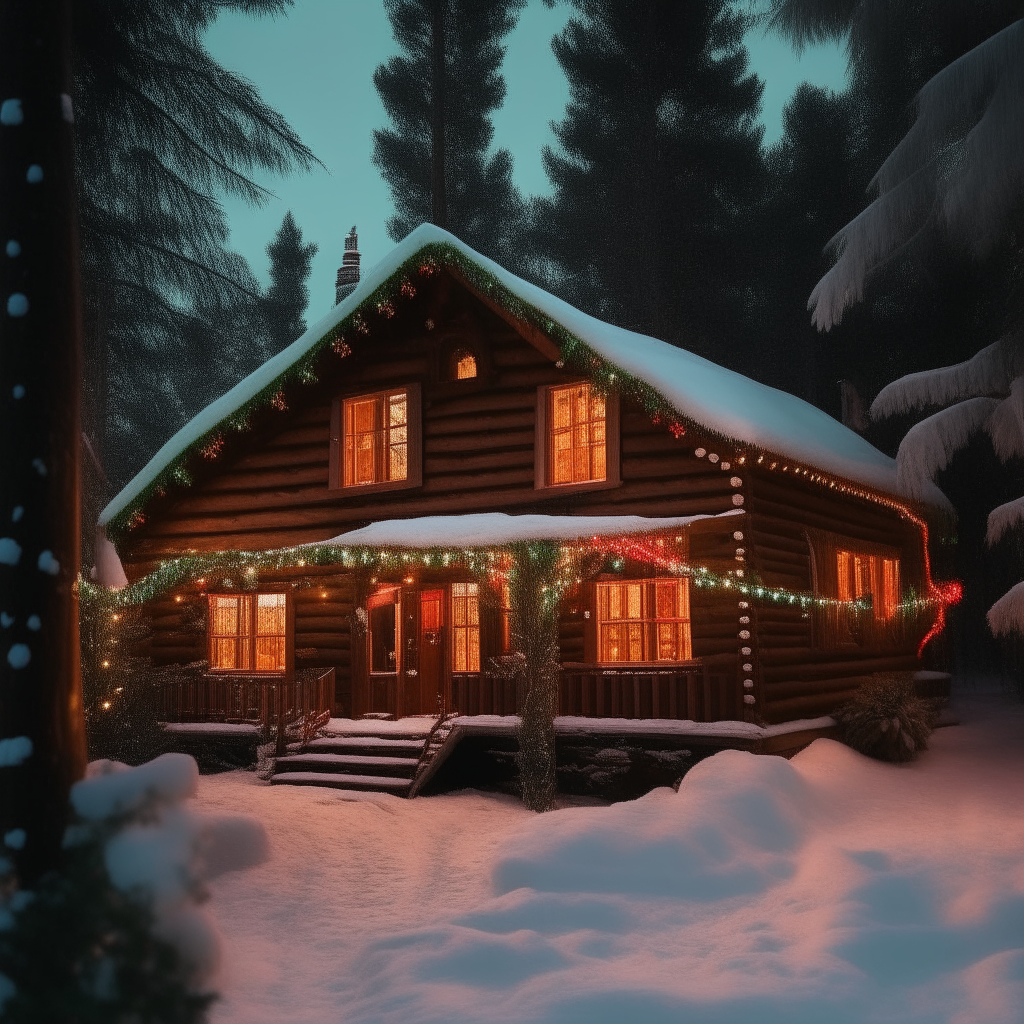 A two-story log home in a snow-covered woodland, covered in festive garlands of red, green and white lights that twinkle merrily against the dark trees.