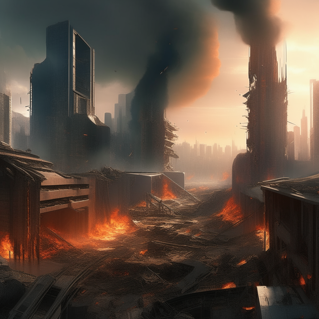 A futuristic city rebuilding after an alien invasion. There are buildings still on fire and buildings that have been destroyed. 
