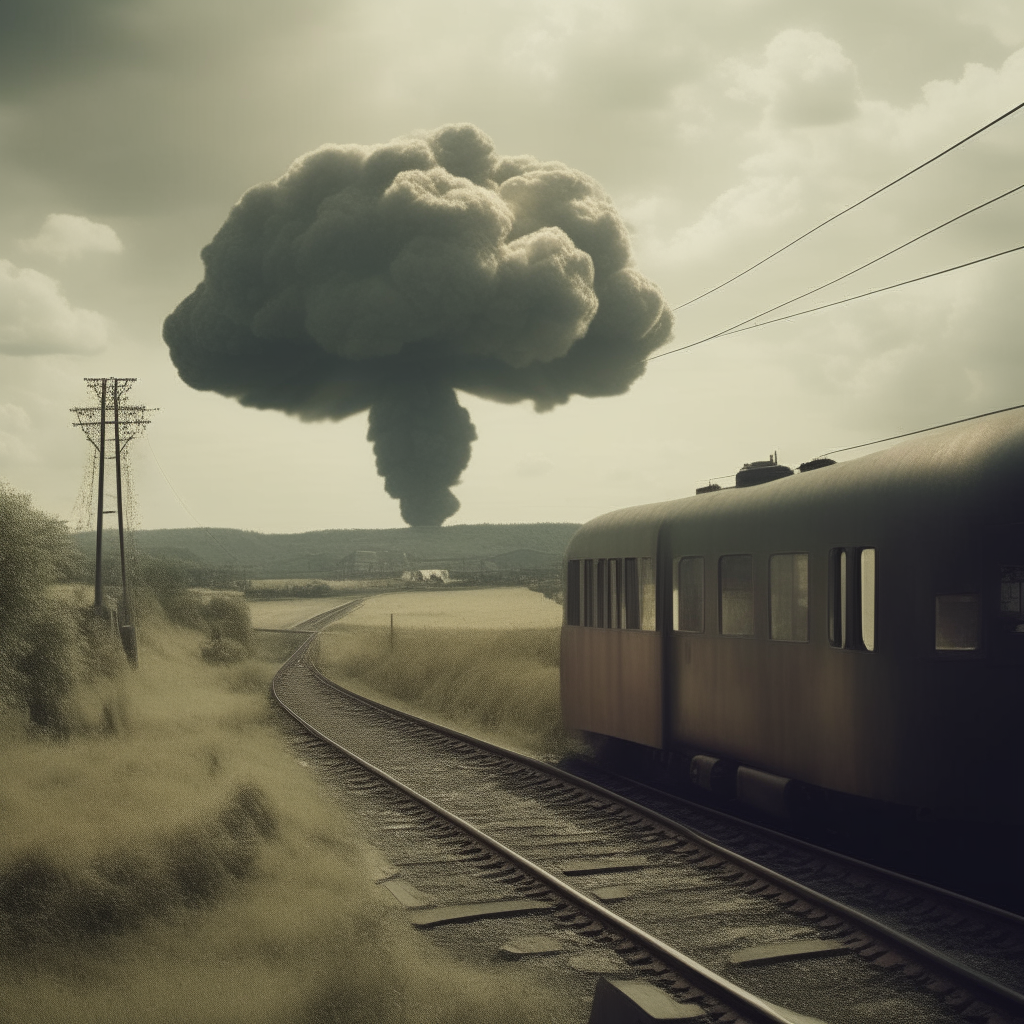 A train is entering the countryside. Behind it a nuclear bomb has just been detonated on the city of which the train departed. 
