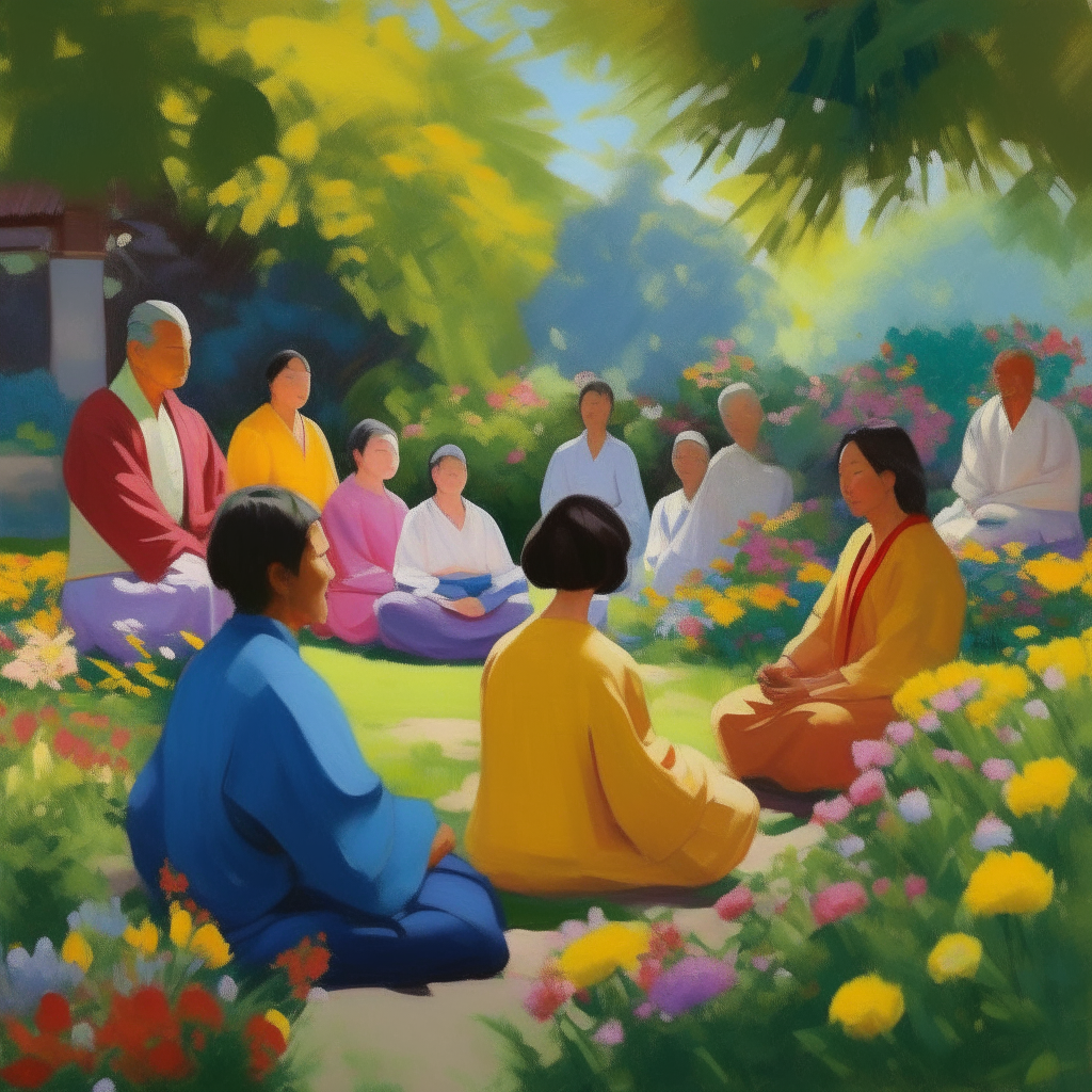 A pascal painting of a group of people are attending a mindfulness based stress reduction meditation class. The instructor of the class is a middle aged Chinese lady and the practitioners are a mix of race and gender. They are in a beautiful garden with colorful flowers, the sun is shining in a deep blue sky. 