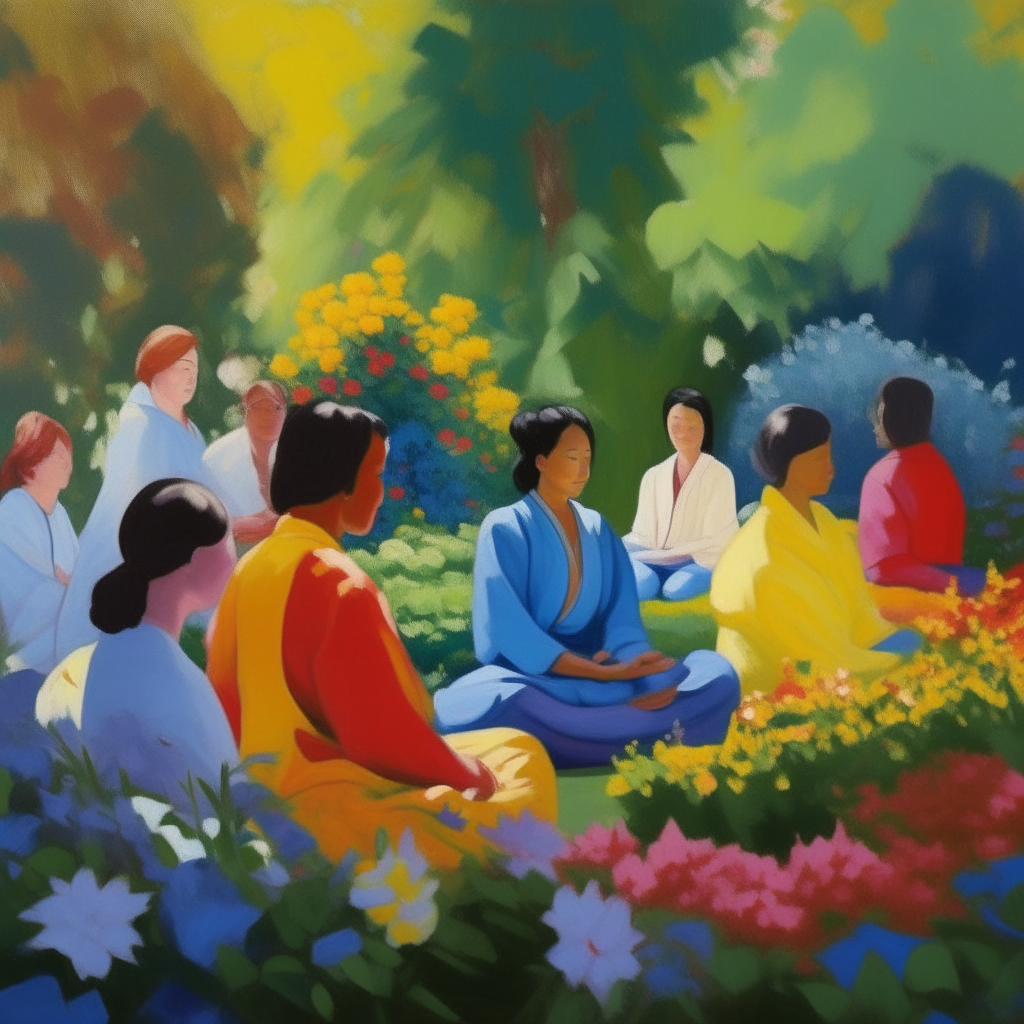 A pascal painting of a group of people are attending a mindfulness based stress reduction meditation class. The instructor of the class is a middle aged Chinese lady and the practitioners are a mix of race and gender. They are in a beautiful garden with colorful flowers, the sun is shining in a deep blue sky. 