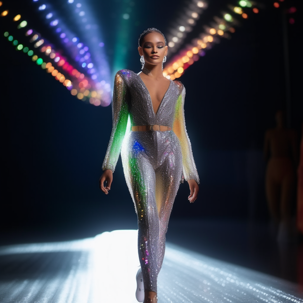 A woman walks confidently towards the camera. Her glittering rhinestone outfit shines brightly, reflecting colorful lights.